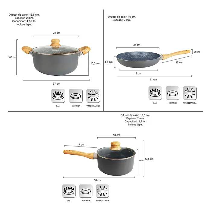 Bateria Cocina Hudson Ceramica Antiadherente Granito 9 Pz